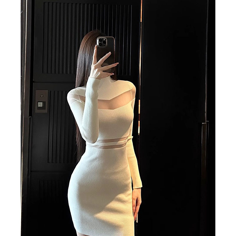 欧根纱拼接连衣裙长袖圆领弹力修身收腰镂空性感辣妹包臀裙2025新