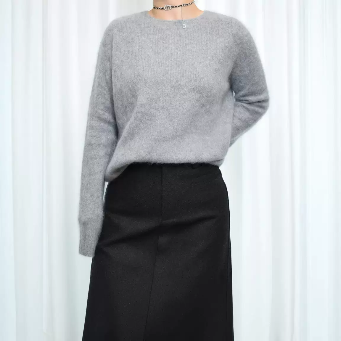 秋冬慵懒风花纱圆领长袖羊绒针织衫宽松毛衣女时尚百搭款打底衫