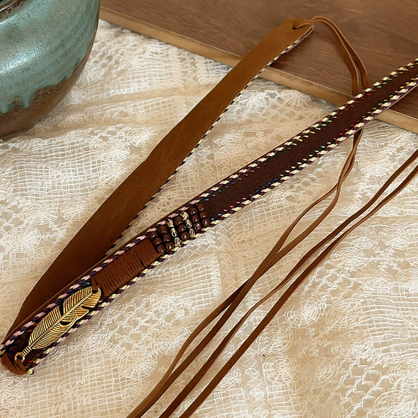 Brown leaves beaded colorful rope belt - about 129CM