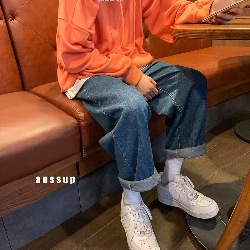 2024 otoño nuevos jeans rectos para hombres pantalones largos casuales de marca de moda deportiva holgados