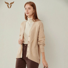 V领加厚绞花开衫女鄂尔多斯市厂家直供100山羊绒毛衣女宽松外套女