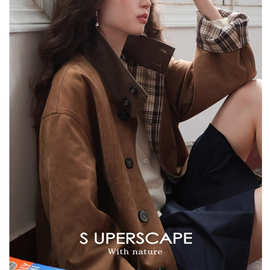 素舶 柔雾感麂皮 格纹正反两面穿VTG立领外套SUPERSCAPE