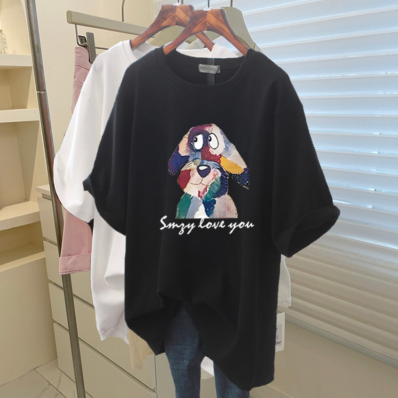 サメパンツ付き純綿半袖Tシャツレディースミドル丈ゆったりカジュアル大きいサイズトップスピンクボトムシャツ夏|undefined
