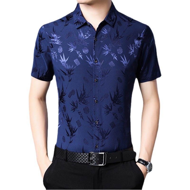 Camisa floral de seda de hielo de los hombres de mediana edad manga corta verano Delgado negocio casual papá media manga verano camisa de seda artificial