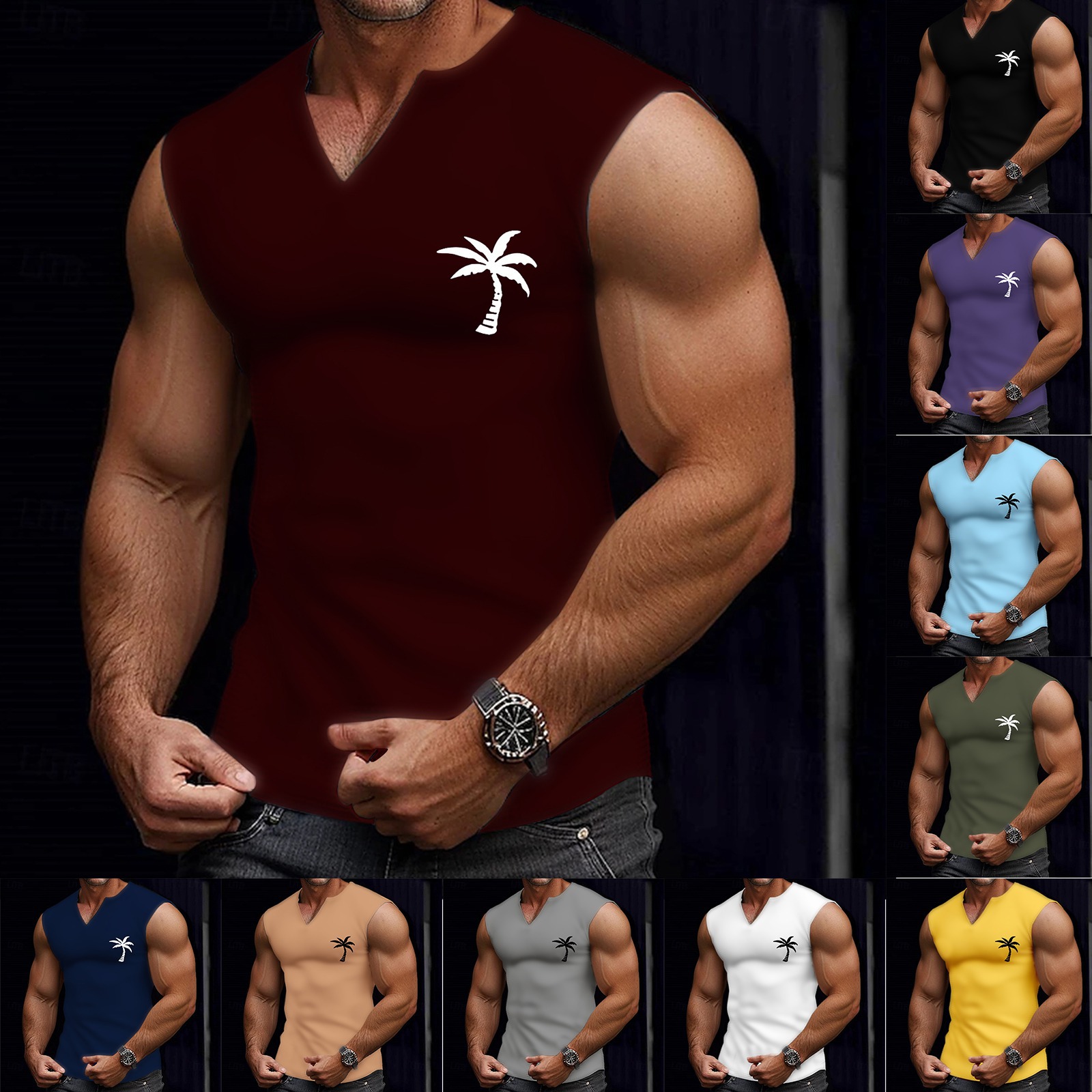 2025亚马逊新款男士背心肌肉男运动休闲背心椰树印花男士上衣T恤
