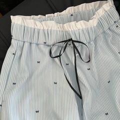 蓝色慵懒拼接条纹休闲裤女春夏季2025新款蝴蝶结肌理感直筒休闲裤
