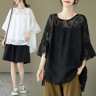 Summer New Style Fat mm Covers the Flesh and Looks Slimming Look Loose Large Size Cut Flower Trumpet Sleeve T-Shirt Top Women's Lace Shirt