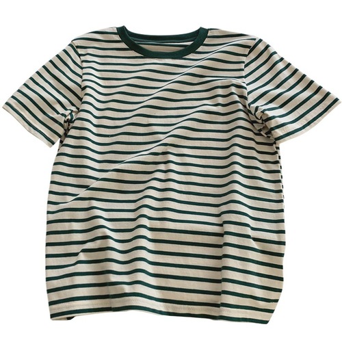 White and Retro Green Striped Short-Sleeve T-Shirt for Women, Loose and Slimming Cotton Casual Layering Top for Students in Summer
