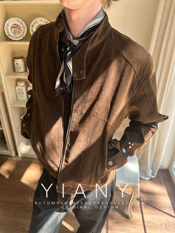 EME男装 25秋冬翻绒皮复古小众高级感Vintage立领拉链夹克外套|undefined