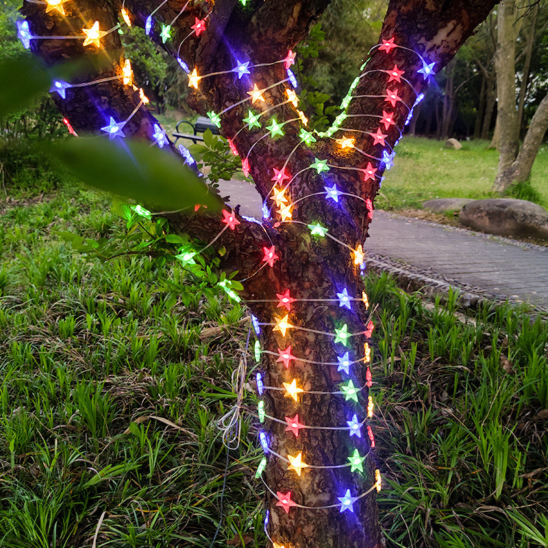 Luz de línea de cuero de estrella impermeable luz de color decoración de jardín Luz de árbol Cielo estrellado estrella de cinco puntas Navidad LED Cadena de luz solar