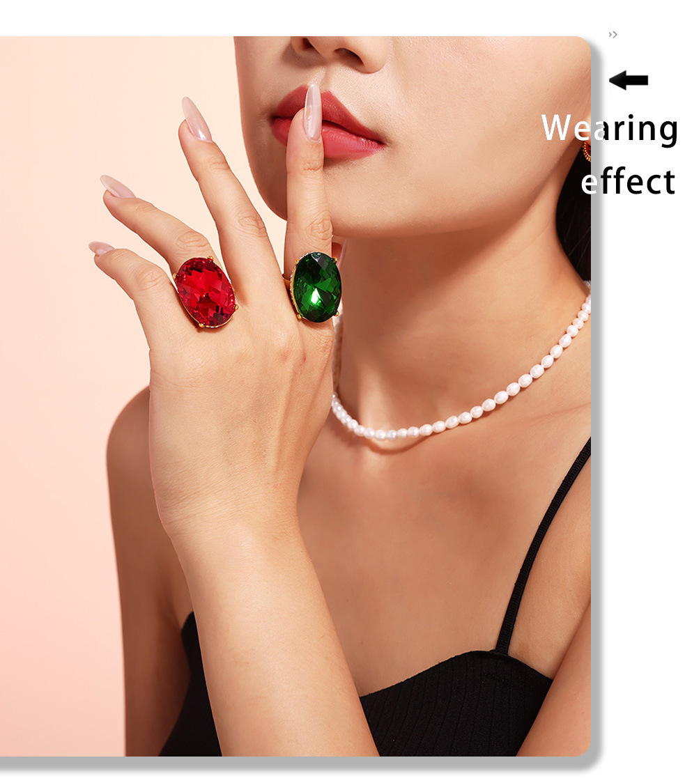 Oval Diamond Large Glass Ring Gold Plated Retro Statement Ring_voghion.com