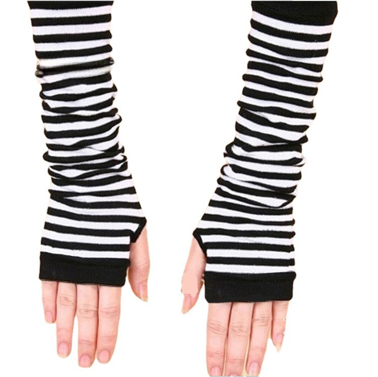 Factory spot Korean version of long gloves arm set wholesale cospla anime black and white striped fingerless cotton long wristlet_voghion.com