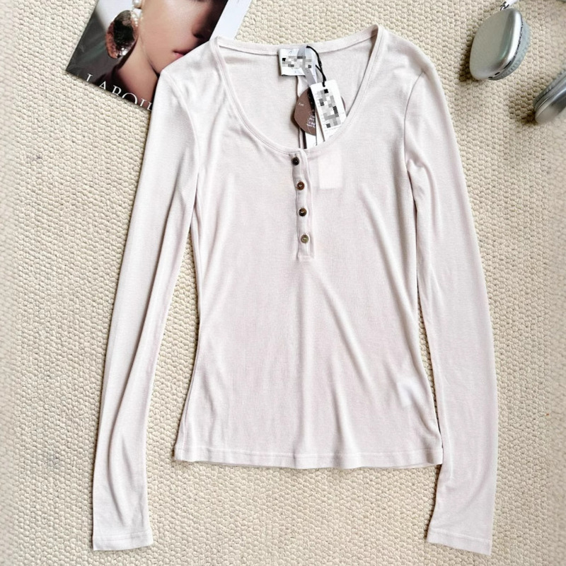 in stock/Otaku Same-style Skin-friendly Tencel Wool Large U-collar Henley-breasted Shell Button Long-sleeved T-shirt