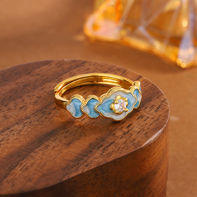 Chinese Style Enamel Zircon Cloud Open Ring Elegant Designer Ring_voghion.com