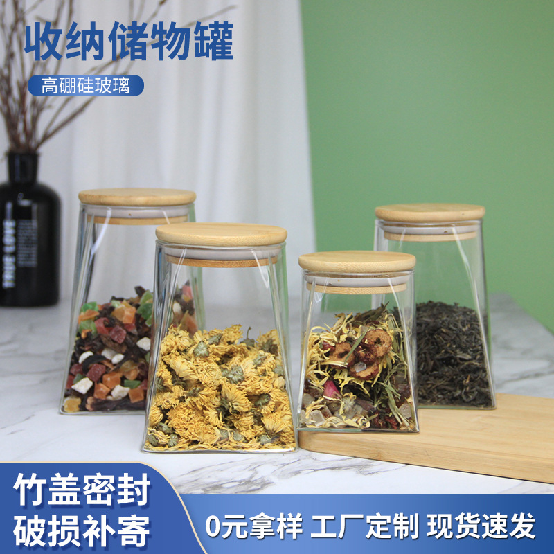 Tarro sellado de vidrio cuadrado jarra de almacenamiento de alimentos de cocina irregular tarro de almacenamiento de granos de café tarro de té trapezoidal