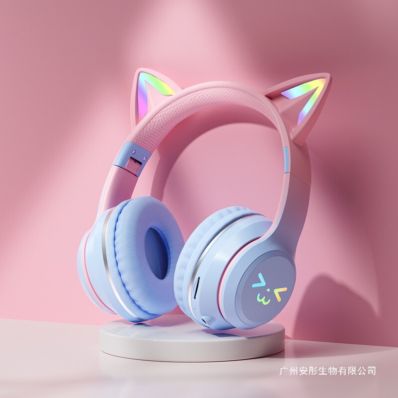 Head-Mounted Cat-Ear Luminous Wireless Bluetooth Headphones with Long Battery Life, High-Definition Calls, New Model for Girls to Listen to Music and Play Games