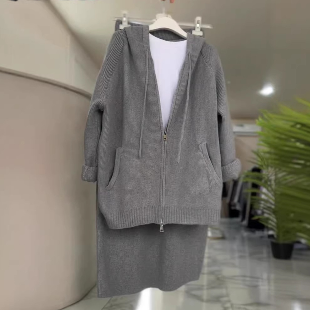 Robe en maille à capuche avec fermeture éclair pour femme confort_voghion.com