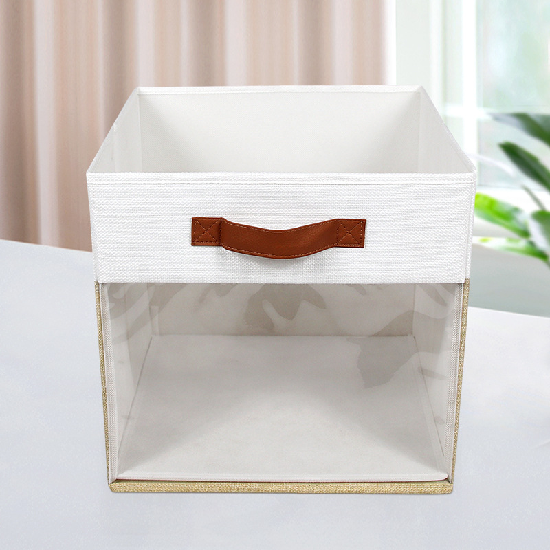 亚马逊货源可折叠收纳箱前脸透视窗棉麻拼色收纳箱皮手提时尚配色