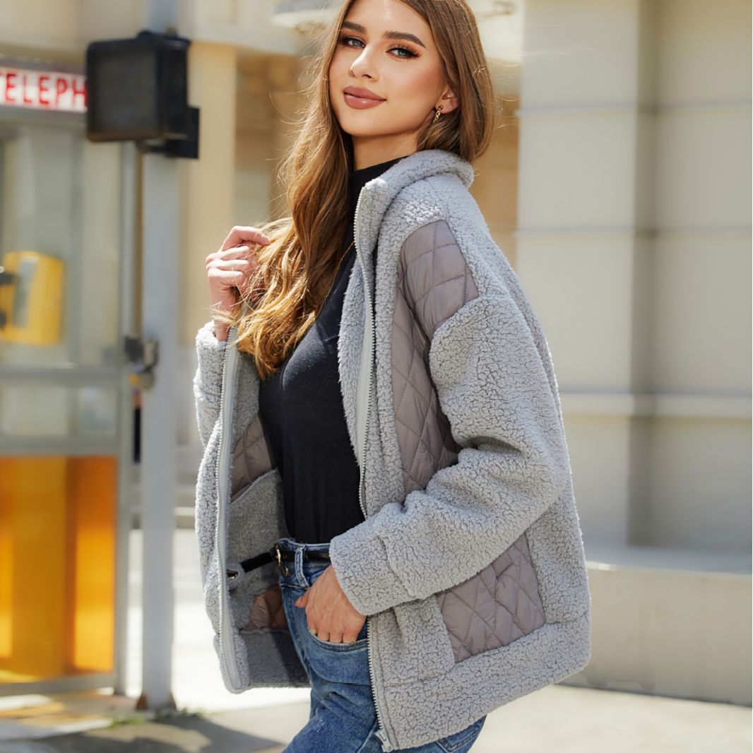 Women's Clothing clothing autumn and winter new fashion long sleeved cardigan zipper plush stitching women's jacket_voghion.com
