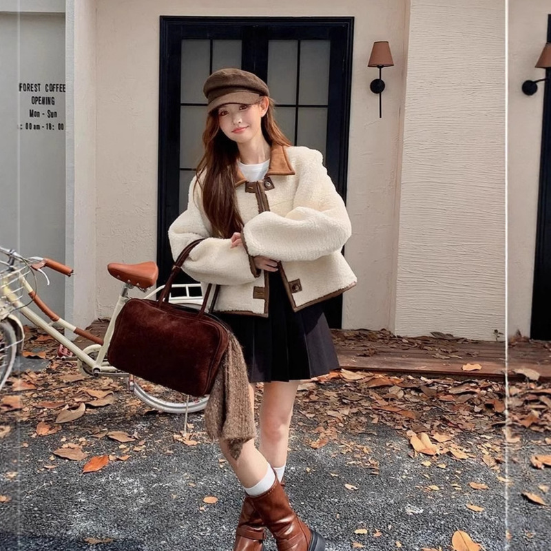 皮毛一体可双面穿羊羔毛外套女2025年秋冬新款加绒加厚麂皮绒上衣|undefined