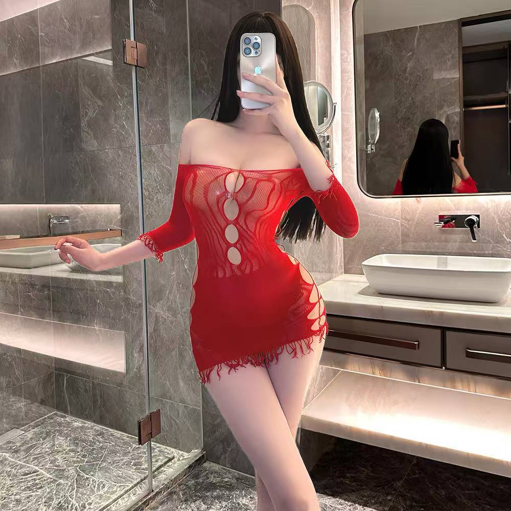 One-Shoulder See-Through Mesh Mini Dress, Long-Sleeve Open-Crotch Lingerie, White One Size — detail image 1