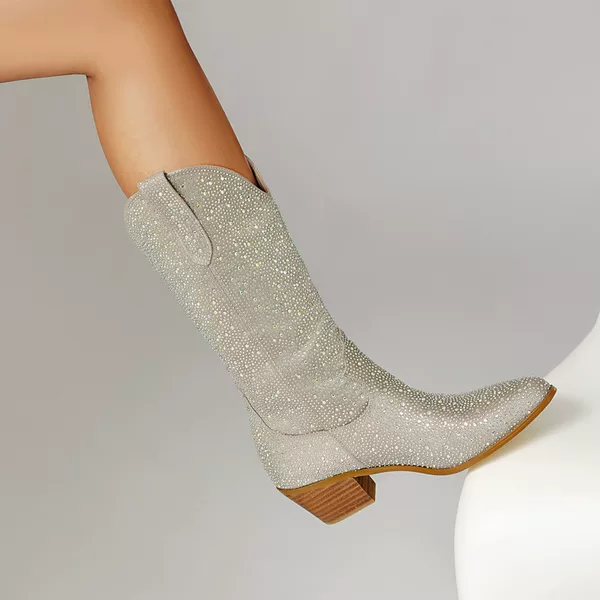 Women's Cowboy Boots with Full Rhinestones, Pointed Toe, Chunky Heel, Mid-Calf Length, Popular for Stage and Party, Sparkling Long Boots, in Stock