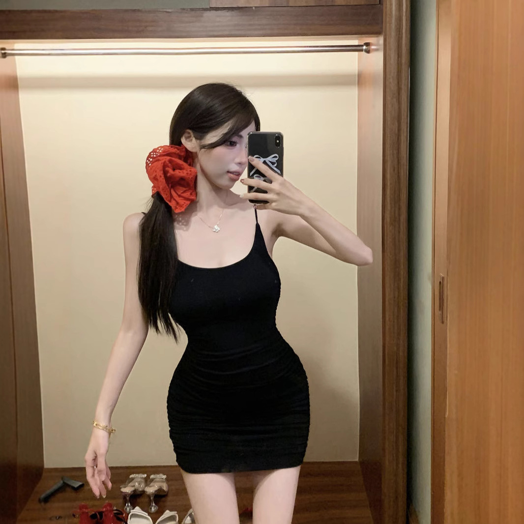 9114#人棉包臀裙女连衣裙御姐黑性感修身无袖紧身打底吊带短裙子