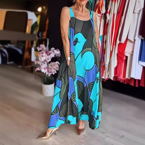 Summer European and American Women's Fashion Bestselling Casual Style Sleeveless Pocket Strappy Geometric Print Dress