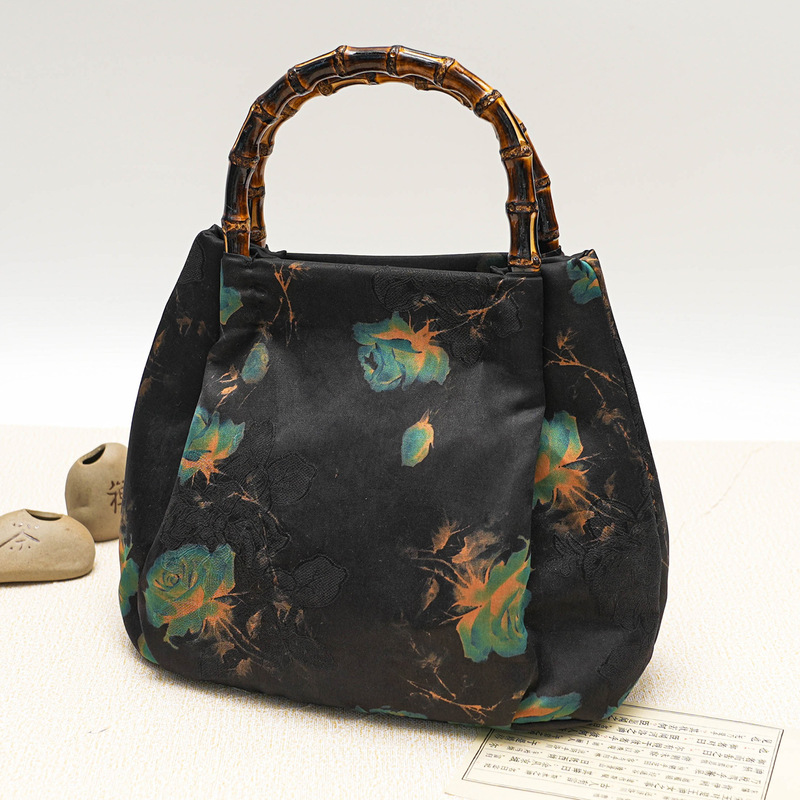Xiangyunsha bamboo-handle handbag, vintage Chinese style, large capacity, Xiangyunsha floral tote bag, cheongsam Chinese style Xiangyunsha bamboo-handle handbag, vintage Chinese style, large capacity, Xiangyunsha floral tote bag, cheongsam Chinese style