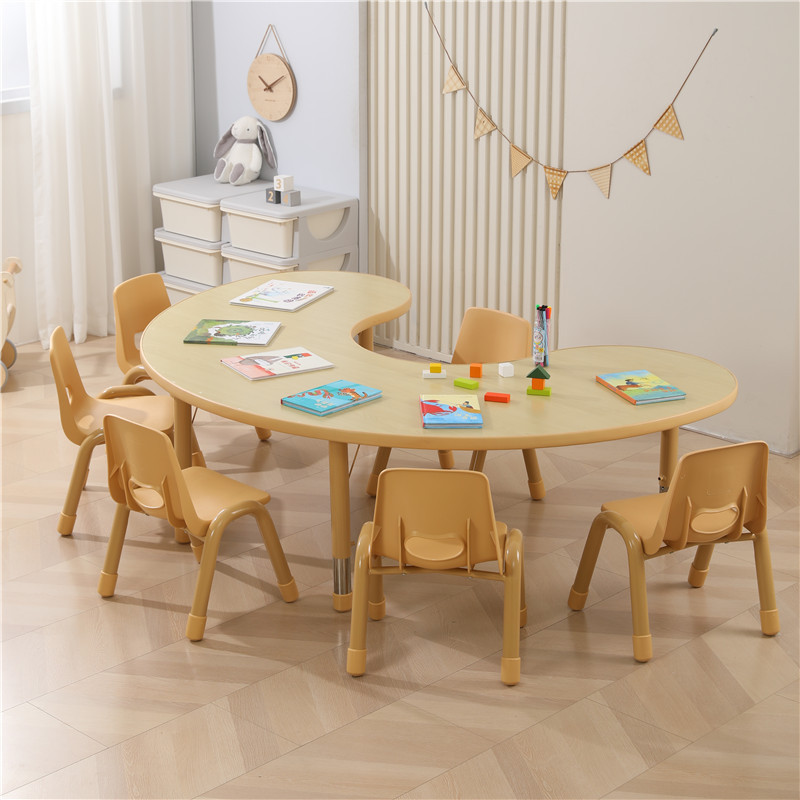Kindergarten Early Education Kidsren's Solid Wood Tables and Chairs Moon Shape Game Painting Learning Table Multi-Functional Adjustable Plum Blossom Table