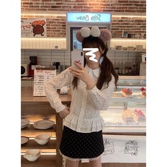 韩国chic秋季甜美减龄百搭木耳边娃娃领单排扣波点短袖衬衣女