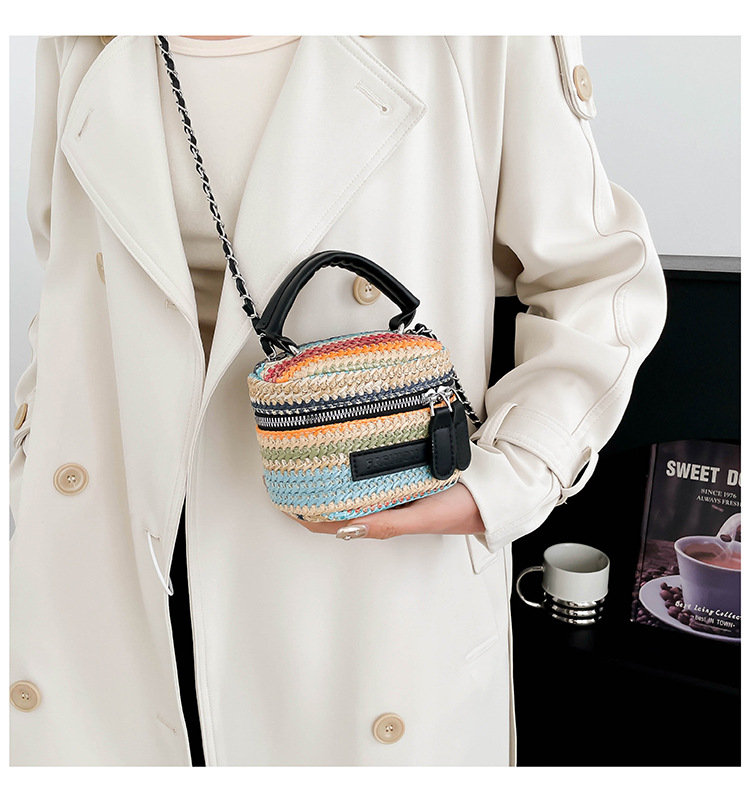 165g Weight Polyester Lining Material Weave Fashion Element Zipper Closure Type Top Handle, Chain Strap Type Crossbody Bag Bags Type Casual, Daily, Shopping Occasion Straw Material Multicolor Pattern Spring&Summer Season Women's Gender Vintage Style Style Cylindrical Shape Women's Straw Multicolor Vintage Style Weave Cylindrical Zipper Crossbody Bag 15