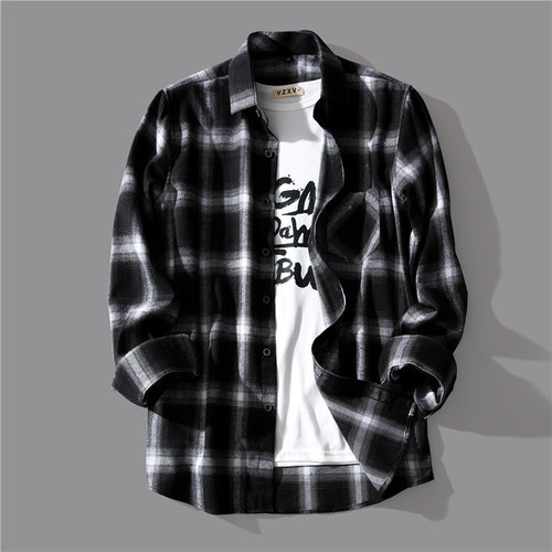 Black and White Grid Shirt Men's Korean Style Trendy Spring and Autumn Shirt Loose Streetwear Casual Long Sleeve Top Coat Men's Clothing
