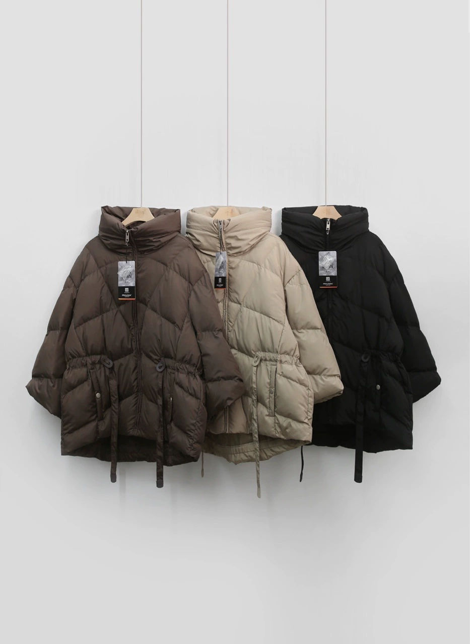 Winter short colored jacket with zipper, high collar, drawstring, increased thickness, wholesale