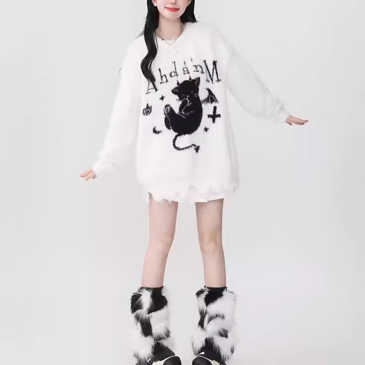 Imitation Mink Fur American Retro Little Devil Cat Distressed Ripped Design 2025 Autumn and Winter Sweater Trendy Mid-Length Style