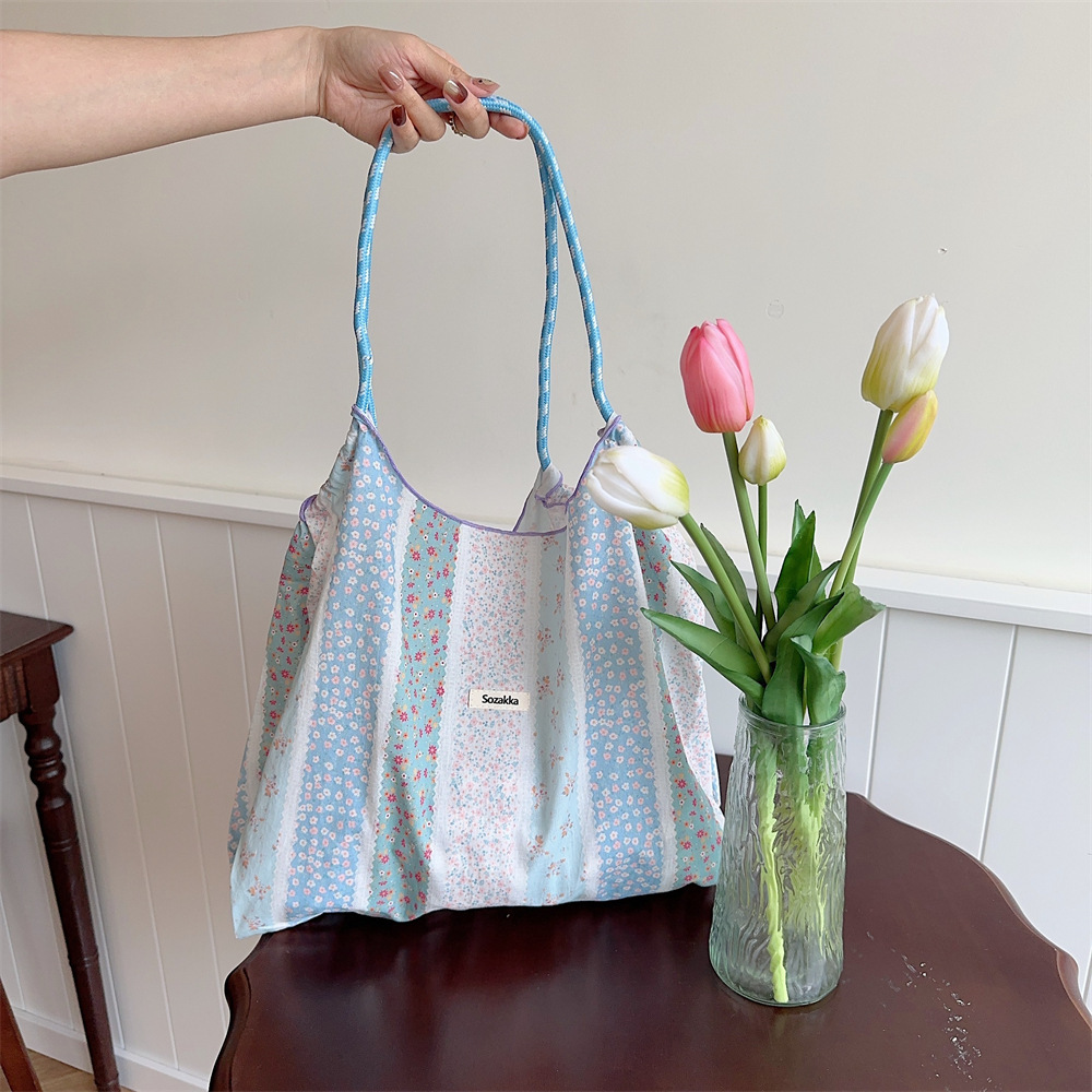 35243 estilo coreano verano de gran capacidad de transporte de mano bolso de hombro con cordón bolso de compras bolso de mano floral fresco bolso de las axilas