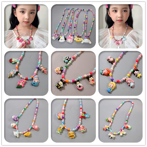 Korean-style cute princess children's colorful cartoon necklace for girls, suitable for autumn and winter, matches chains, Christmas decoration beads necklace