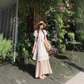2026大码女装胖mm夏装开衩钉珠短袖t恤A字压褶大摆长裙显瘦两件套