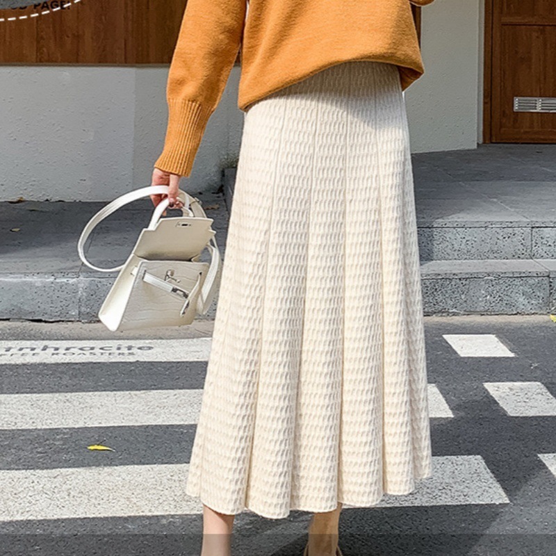 针织半身裙女2025年新款秋冬季百褶裙子高腰中长款配毛衣字裙女装|undefined