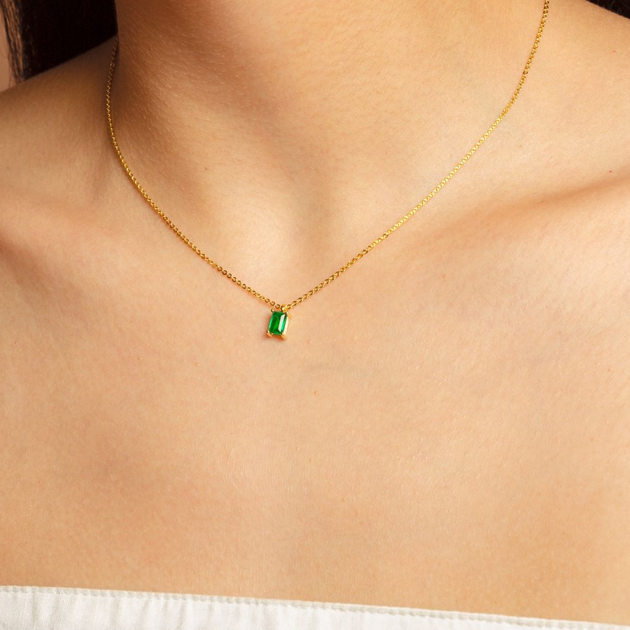 Fashion Simple Rectangular Zircon Pendant  Plated 18K Real Gold Color Retention Copper Necklace