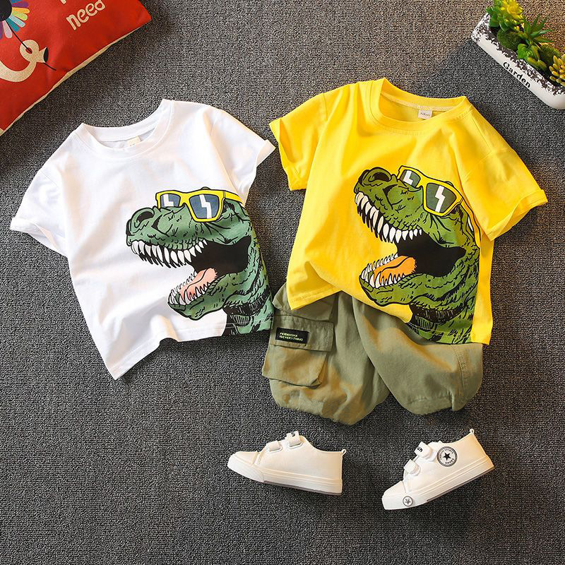 Clearance Final Order: Boys' Dinosaur Print T-Shirt and Shorts Two-Piece Set, in Stock for Wholesale, Exclusively for Cross-Border Sales, Minimum Order of 1 Piece