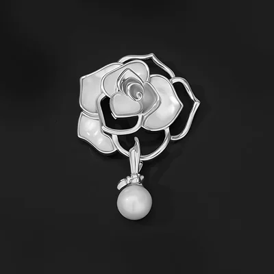Imitation Mother-Of-Pearl Camellia Brooch, Yaxa sancaqları - silver-white-imitation-shell-camellia