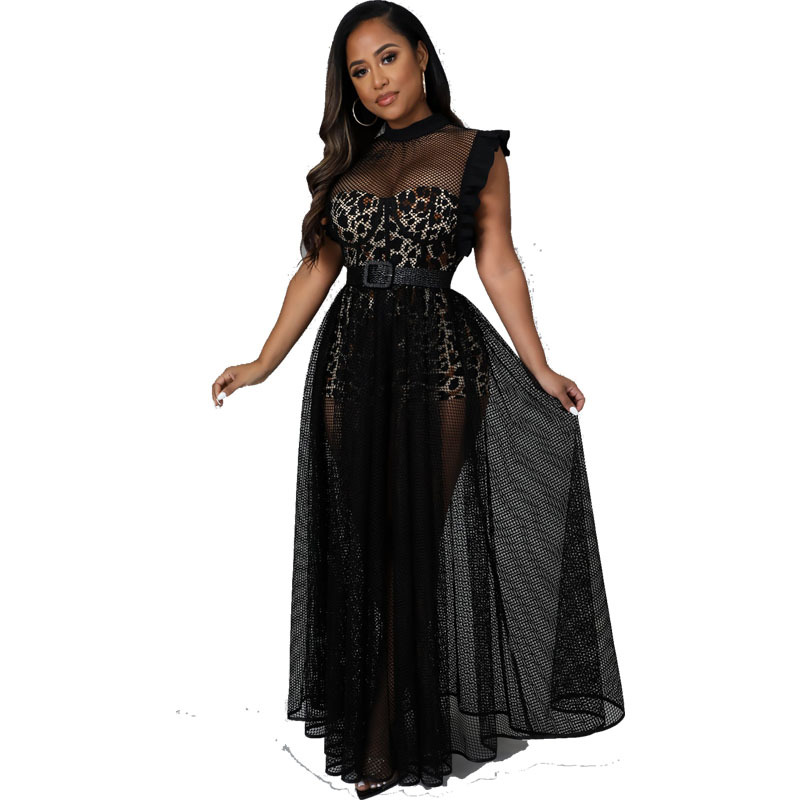 Conjunto de dos piezas con mangas de malla con volantes, vestido elegante y con estilo de manga corta, adelgazante y elegante, talla grande.