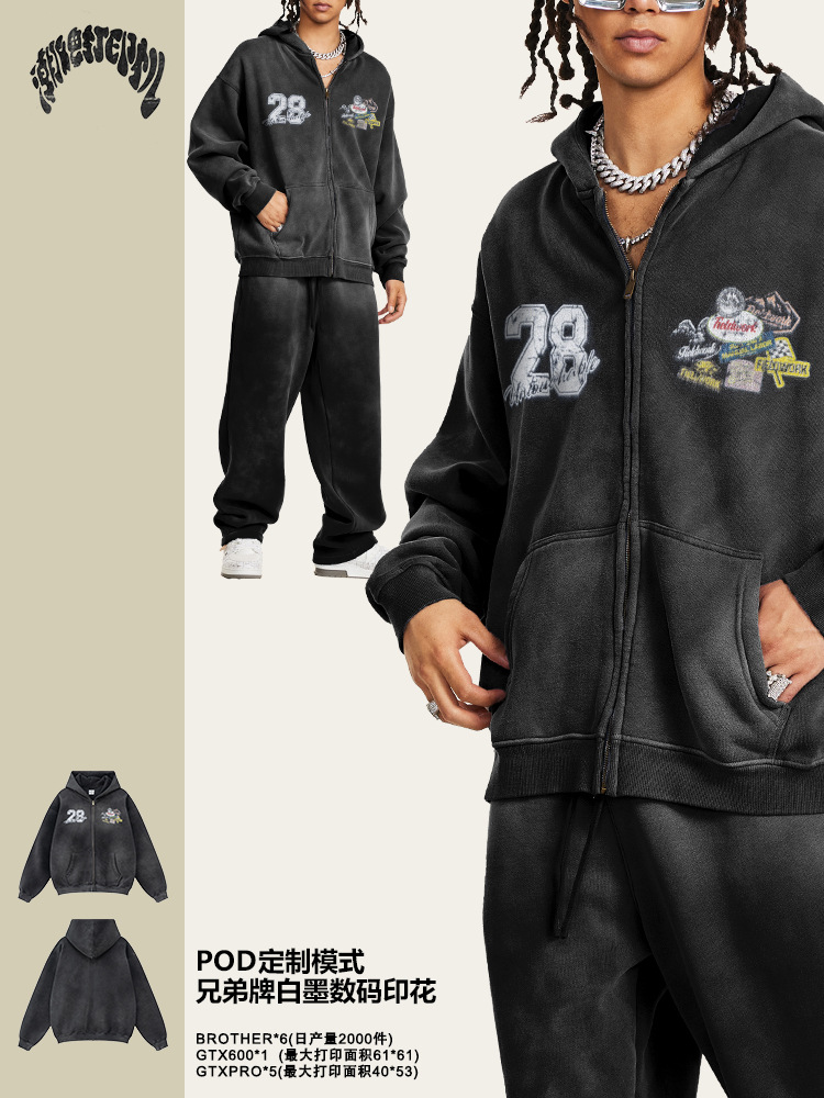 Impresora de marcas| 2025 otoño americano retro lavado con sudadera encapuchada hombre moda cardigans sueltos chaqueta con cremallera