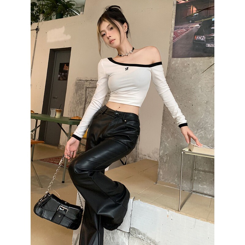 2025 Hot Girl Eco-Friendly Pu Leather Flared Pants High Waist Slimming Slightly Flared Leather Pants Black Long Pants Autumn Winter Floor-Length Pants for Women