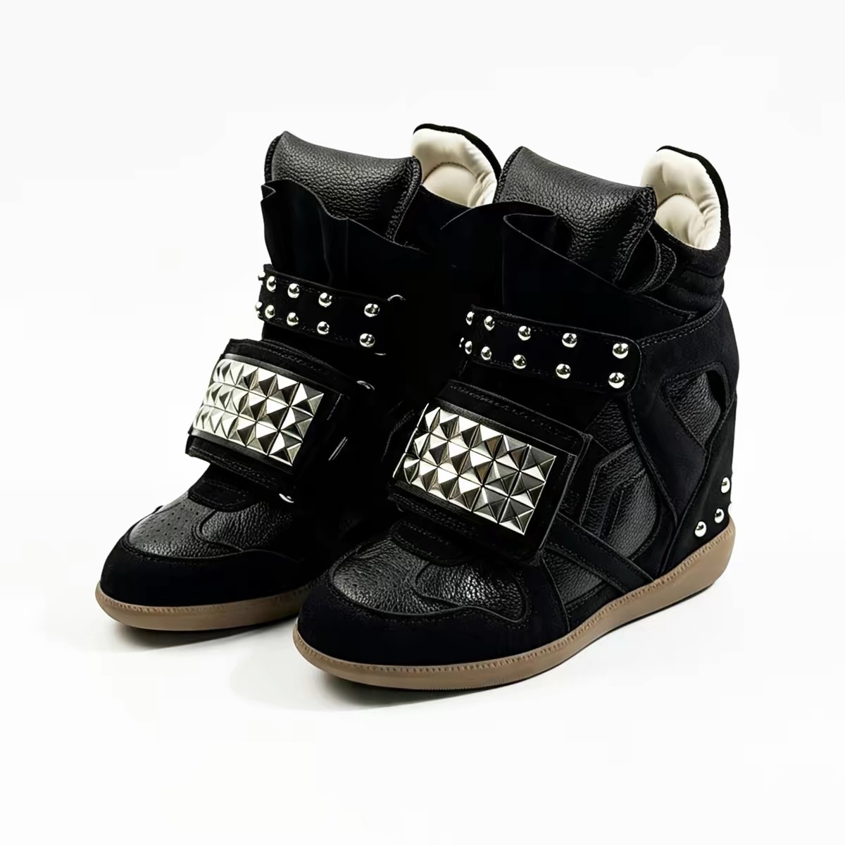Rivet version~6cm internal height increase casual sneakers for women, new spring vintage high-top Velcro sports thick-soled German training shoes