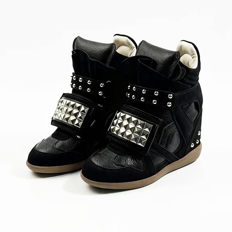 Rivet version~6cm internal height increase casual sneakers for women, new spring vintage high-top Velcro sports thick-soled German training shoes Rivet version~6cm internal height increase casual sneakers for women, new spring vintage high-top Velcro sports thick-soled German training shoes