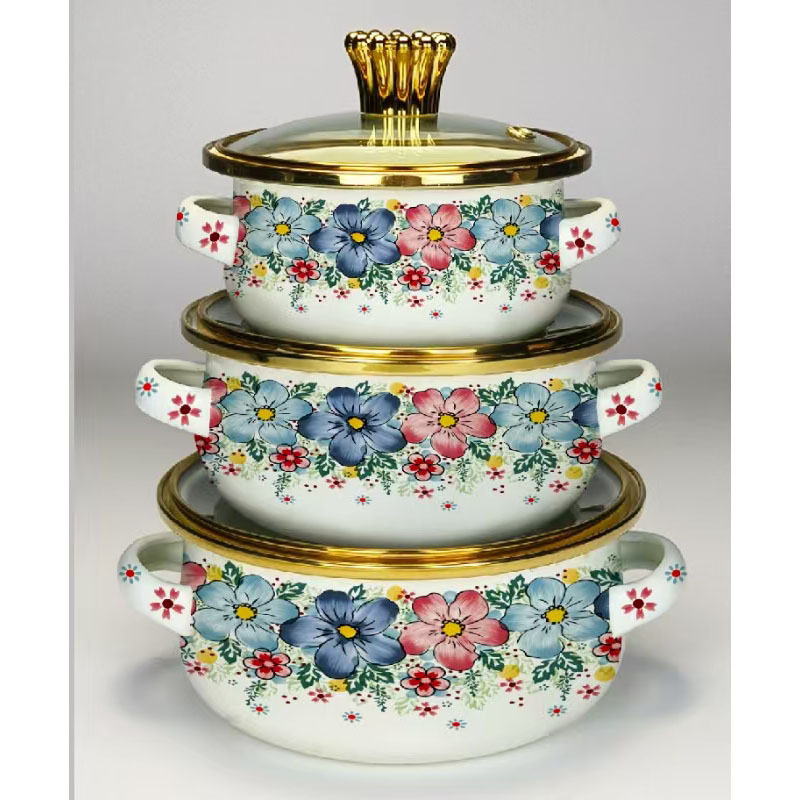 Foreign trade export boutique soup pot enamel pot three-piece enamel soup pot medicine cooking induction cooker universal flower and bird mini pot