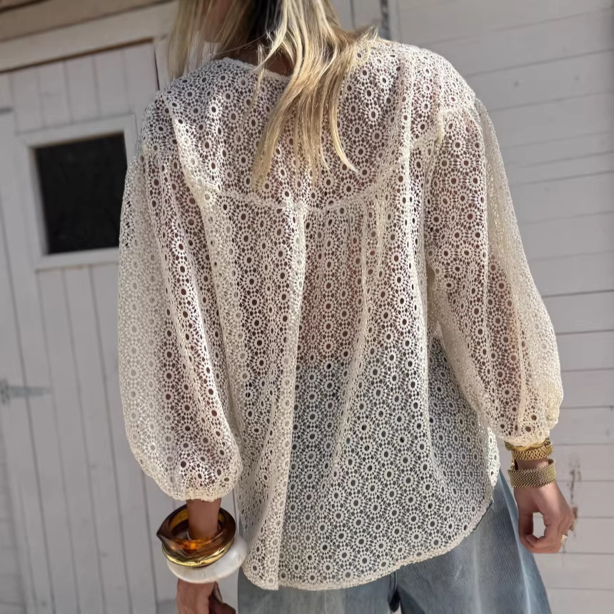 Bohemia comercio exterior transfronterizo ropa de mujer jacquard perspectiva camisa de manga larga femenina europea y americana blusa suelta francesa