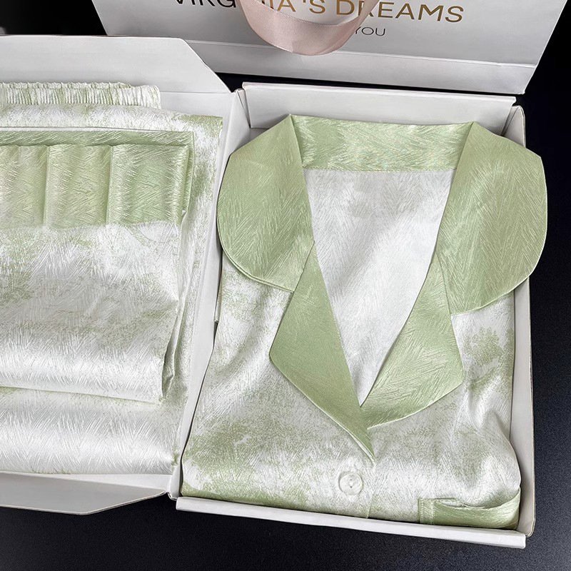Green Feather Texture Ice Silk Silk Three-piece Pajamas for Women to Send Girlfriend to Wife Birthday Gift Home Clothes